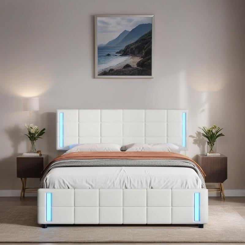 LED Bed Frame - Queen Size Upholstered Platform Bed with LED Lights and USB Charging, Storage Bed with 4 Drawers, White