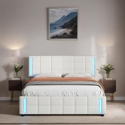 LED Bed Frame - Queen Size Upholstered Platform Bed with LED Lights and USB Charging, Storage Bed with 4 Drawers, White