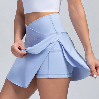 High Waist Overlap Tennis Skirt Shorts - 2-in-1  Outdoor Activewear with Pocket for Women