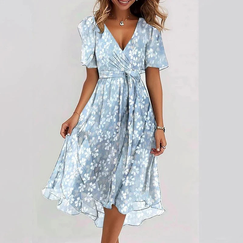 Floral Draped Chiffon Dress – Summer Office Dress with V Neck and High Waist A-Line Fit, Perfect for Elegant Occasions