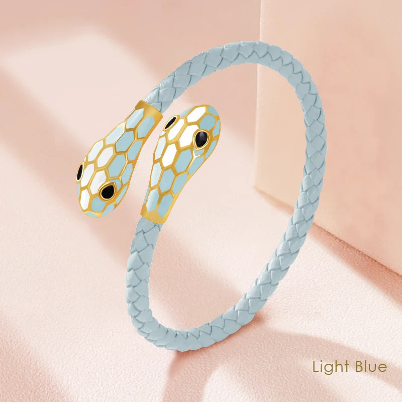 Double Snake Head Leather Bracelet – Classic Moonlight Braided Jewelry for Women’s Fashion with Genuine Leather & Gift Appeal