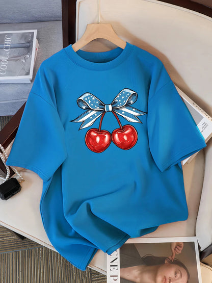 Women’s Cotton Cherry Print T-Shirt – Summer Loose Hip Hop Tee with Flag Bow Detail, Breathable Comfort, and Stylish Streetwear Vibe