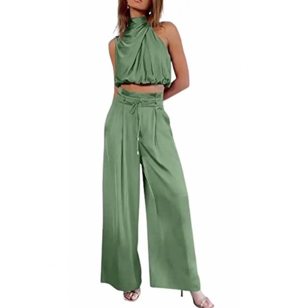 Silky Pleated Two-Piece Set – Sleeveless Top & Wide-Leg Pants for Effortless Elegance