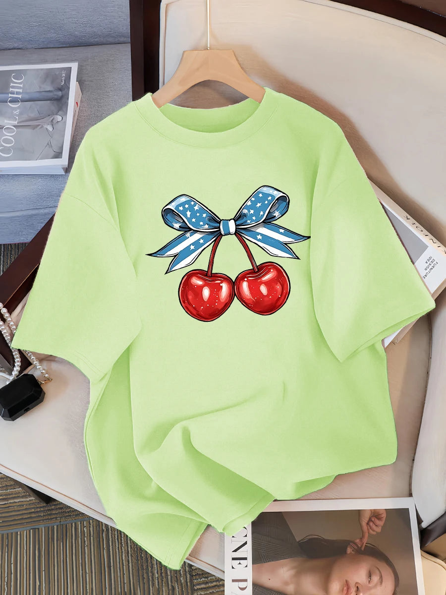 Women’s Cotton Cherry Print T-Shirt – Summer Loose Hip Hop Tee with Flag Bow Detail, Breathable Comfort, and Stylish Streetwear Vibe