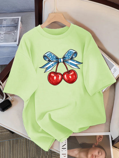 Women’s Cotton Cherry Print T-Shirt – Summer Loose Hip Hop Tee with Flag Bow Detail, Breathable Comfort, and Stylish Streetwear Vibe