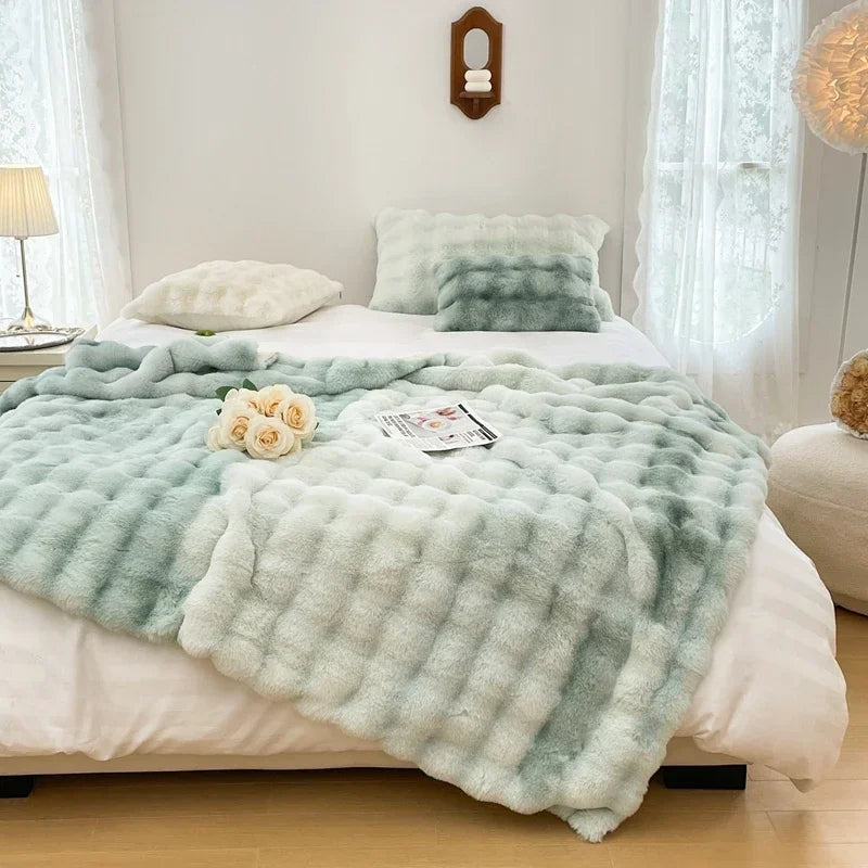 Faux Fur Plush Rabbit Blanket – Double-Layered Cozy Bedspread for Sofa & Bedroom