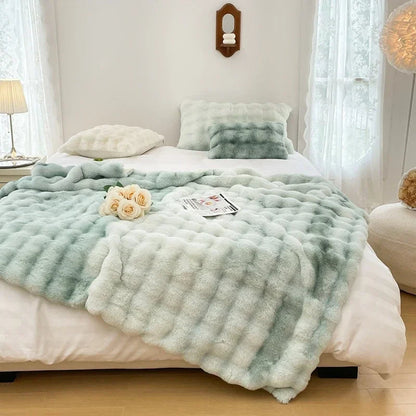 Faux Fur Plush Rabbit Blanket – Double-Layered Cozy Bedspread for Sofa & Bedroom