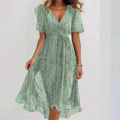 Floral Draped Chiffon Dress – Summer Office Dress with V Neck and High Waist A-Line Fit, Perfect for Elegant Occasions