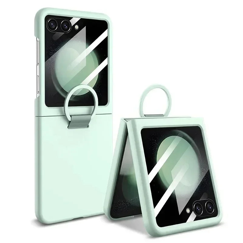 Liquid Silicone Ring Holder Phone Case for Samsung Galaxy Z Flip Series – Shockproof, Glass Screen Film, Durable 2-in-1 Design