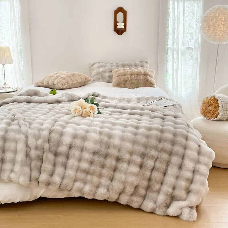 Faux Fur Plush Rabbit Blanket – Double-Layered Cozy Bedspread for Sofa & Bedroom