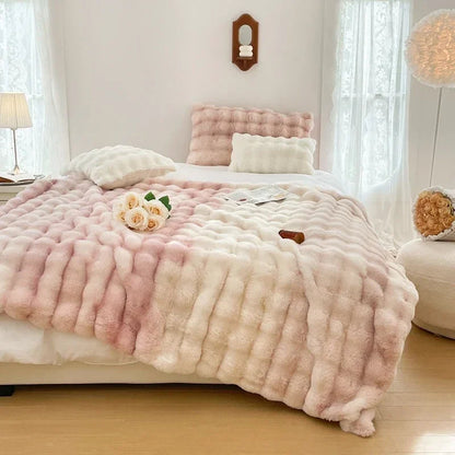 Faux Fur Plush Rabbit Blanket – Double-Layered Cozy Bedspread for Sofa & Bedroom