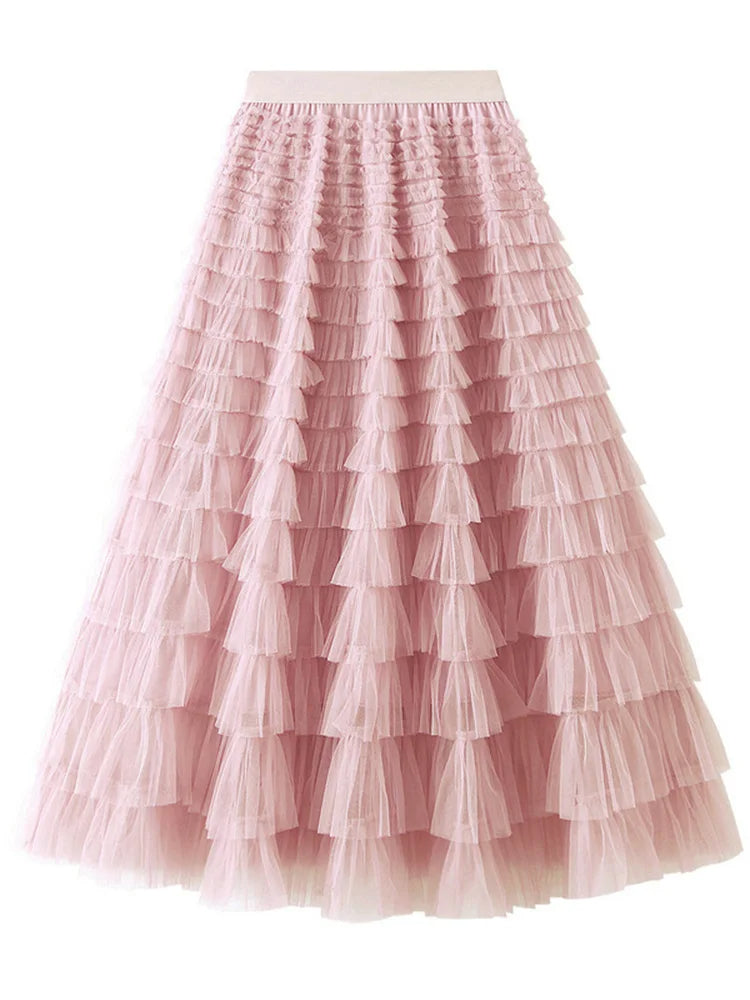 Layered High Waist Ruffles Pink Tulle Skirt – Vintage-Inspired Maxi Skirt for Romantic, Feminine Outfits Anytime