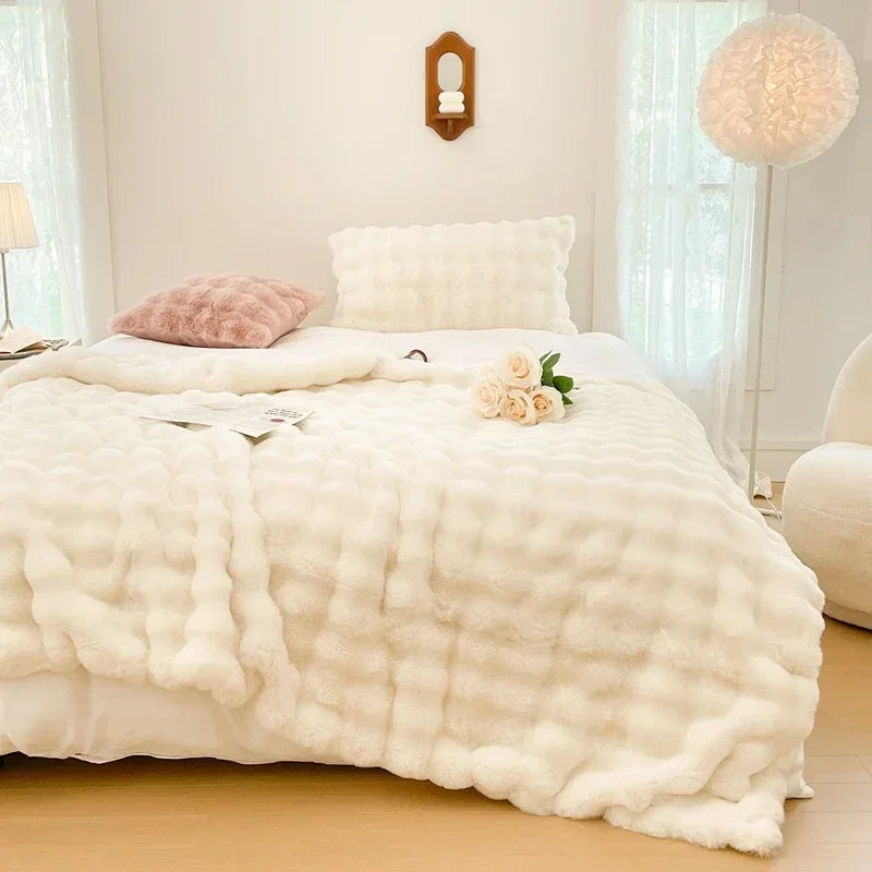 Faux Fur Plush Rabbit Blanket – Double-Layered Cozy Bedspread for Sofa & Bedroom