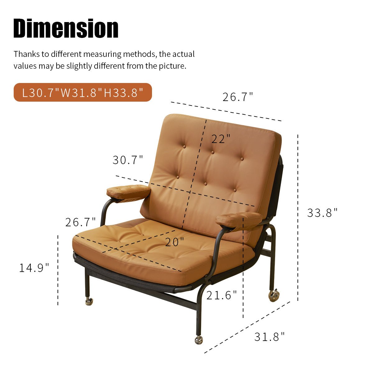 Living Room Chair with High Backrest, Soft Padding, Adhesive Leather Armrests, and Metal Legs