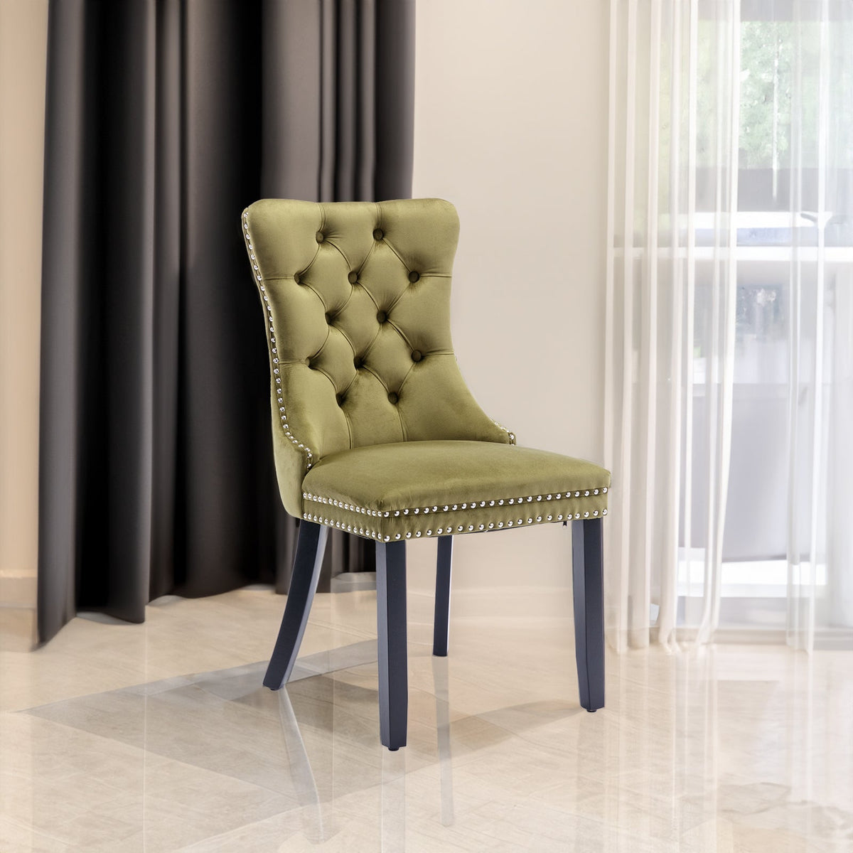 Luxury Velvet Tufted Dining Chairs, Solid Wood Legs with Nailhead Trim, Set of 2