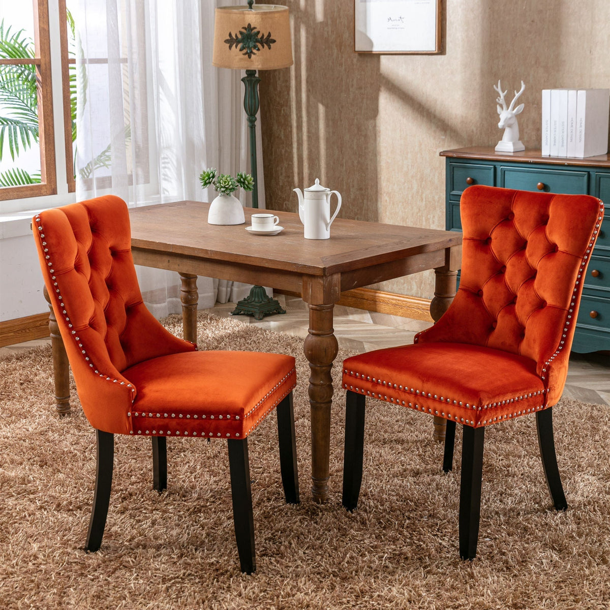 Luxury Velvet Tufted Dining Chairs, Solid Wood Legs with Nailhead Trim, Set of 2