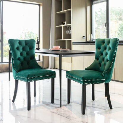 Luxury Velvet Tufted Dining Chairs, Solid Wood Legs with Nailhead Trim, Set of 2