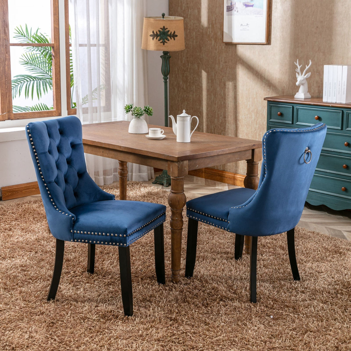 Luxury Velvet Tufted Dining Chairs, Solid Wood Legs with Nailhead Trim, Set of 2