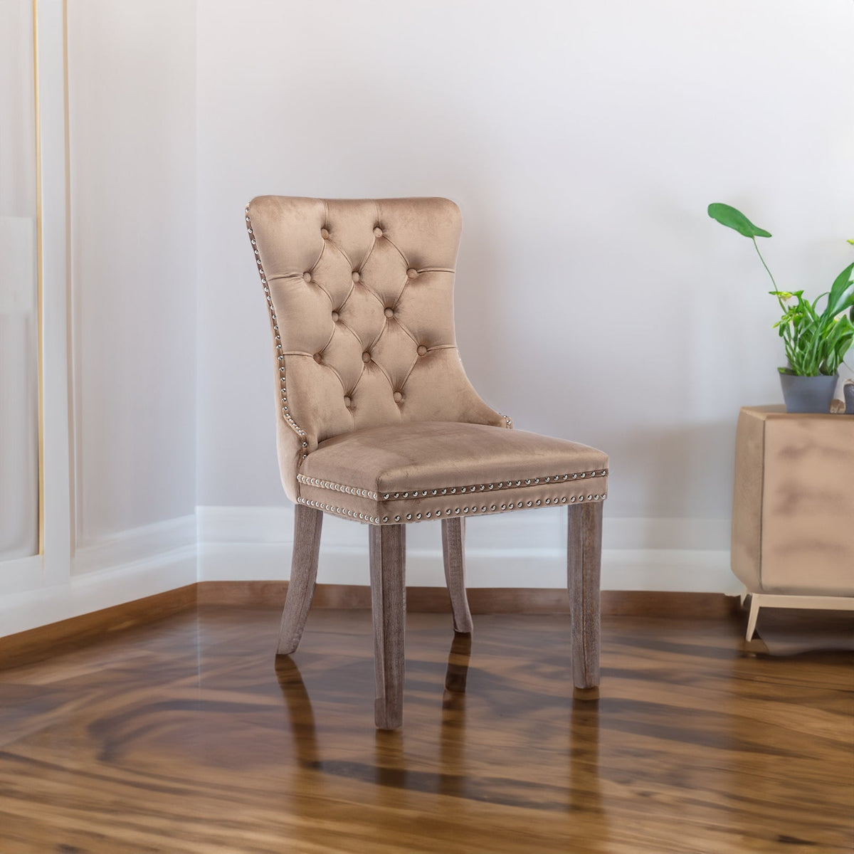 Luxury Velvet Tufted Dining Chairs, Solid Wood Legs with Nailhead Trim, Set of 2