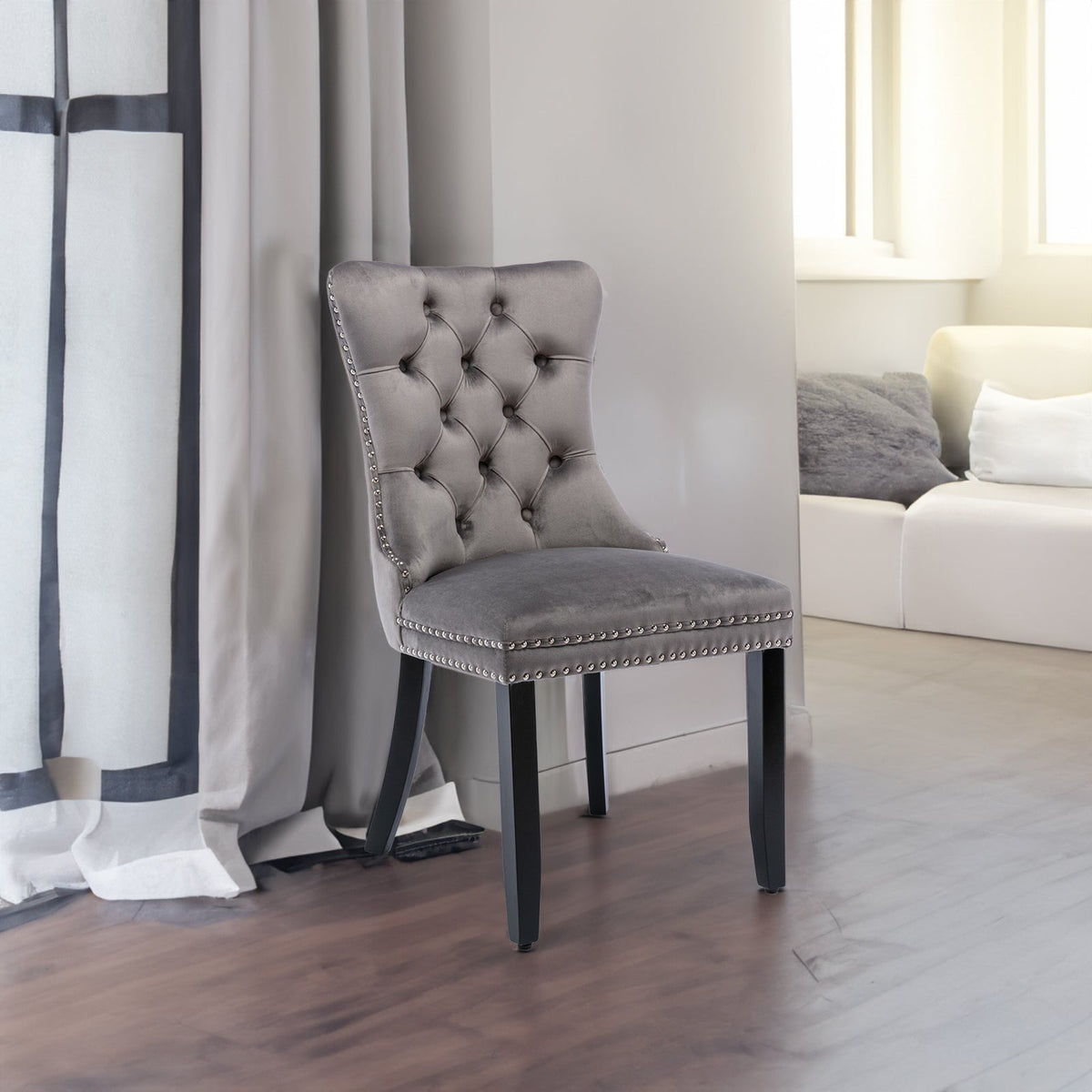 Luxury Velvet Tufted Dining Chairs, Solid Wood Legs with Nailhead Trim, Set of 2