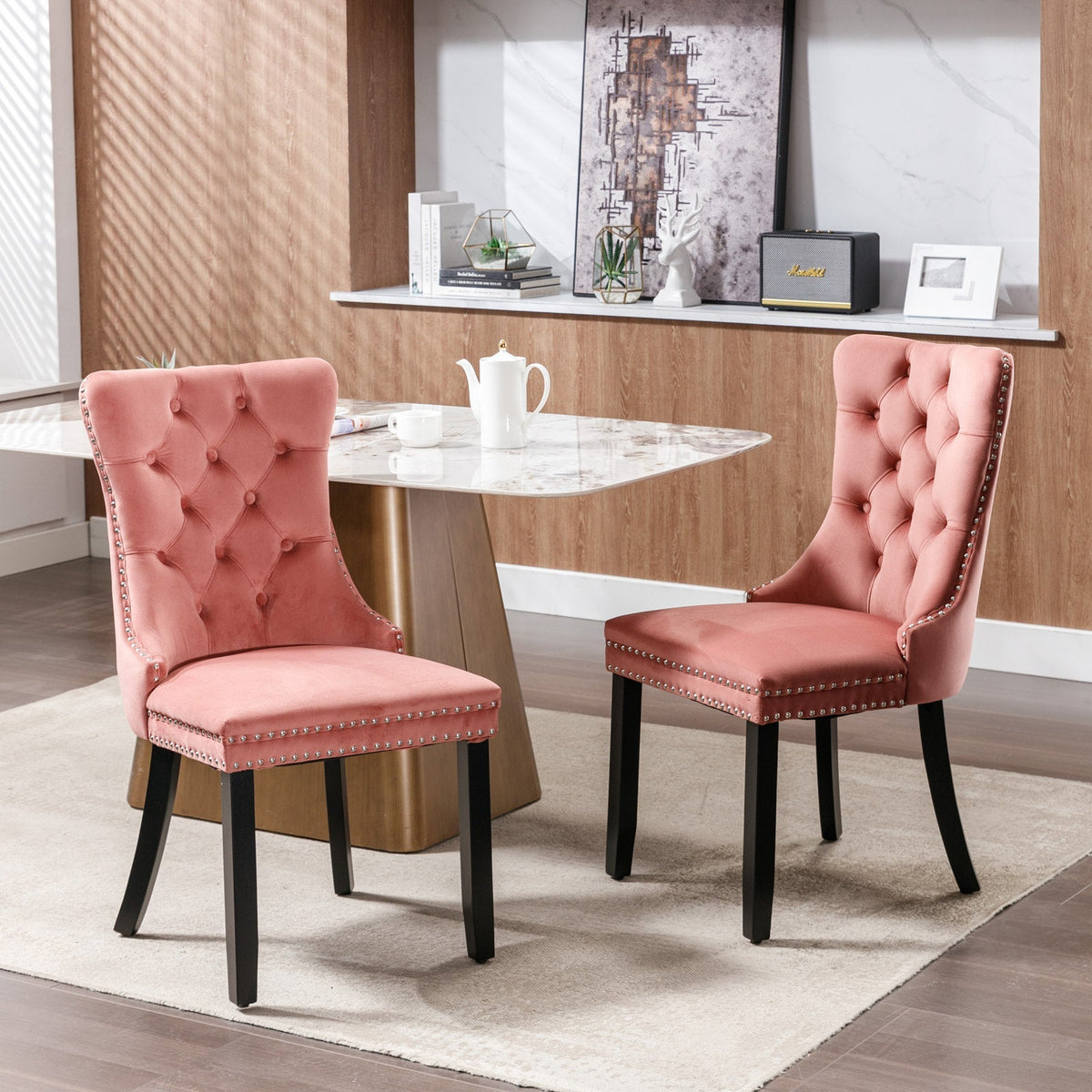 Luxury Velvet Tufted Dining Chairs, Solid Wood Legs with Nailhead Trim, Set of 2