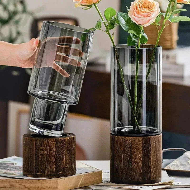 Minimalist Glass Vase with Wooden Base – Elegant Hydroponic Planter for Modern Home Décor