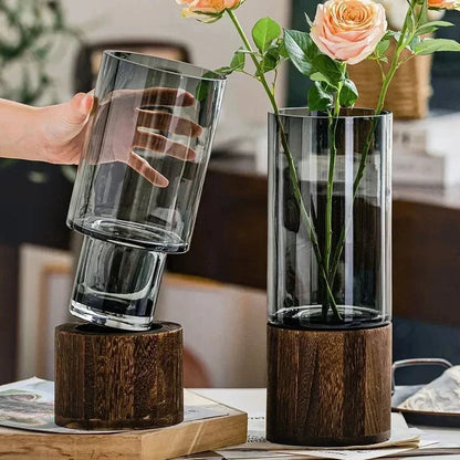 Minimalist Glass Vase with Wooden Base – Elegant Hydroponic Planter for Modern Home Décor