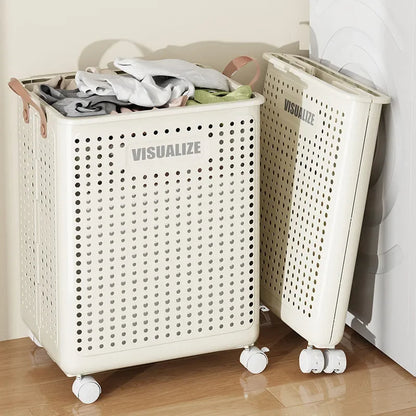 Foldable Laundry Basket with Wheels – Large PU Leather Hamper for Bathroom & Balcony Storage, Hand-Washable and Space-Saving Design