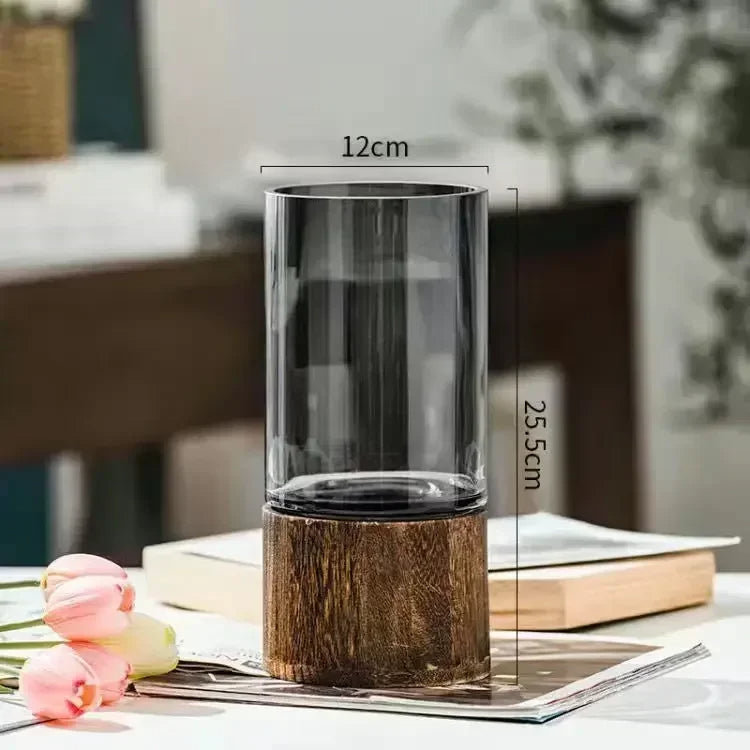 Minimalist Glass Vase with Wooden Base – Elegant Hydroponic Planter for Modern Home Décor