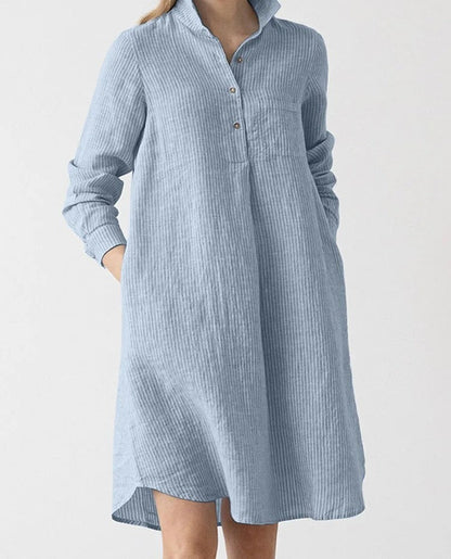 Striped Shirt Dress for Work & Casual Chic – Lapel Neck, Long Sleeve, & Knee-Length Charm