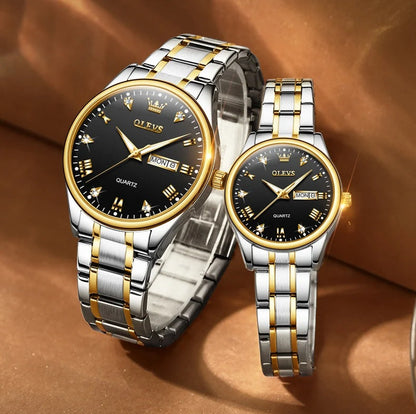 Luxury Couple Watches – Stainless Steel Waterproof Timepieces for Men & Women, Romantic Gift Set with Matching Elegant Style