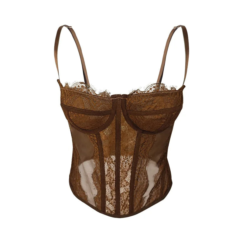 Lace Mesh Corset Top – Open Back Spaghetti Strap Bustier for Lingerie or Street Chic for Women