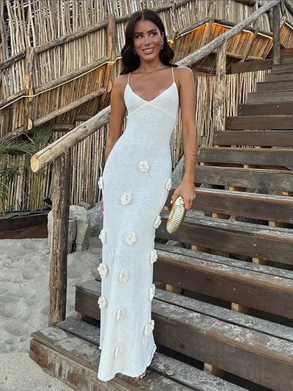Slim Fit Knitted Long Dress – V-Neck Sleeveless Sling Maxi with 3D Flower for Sexy & Chic Street Fashion