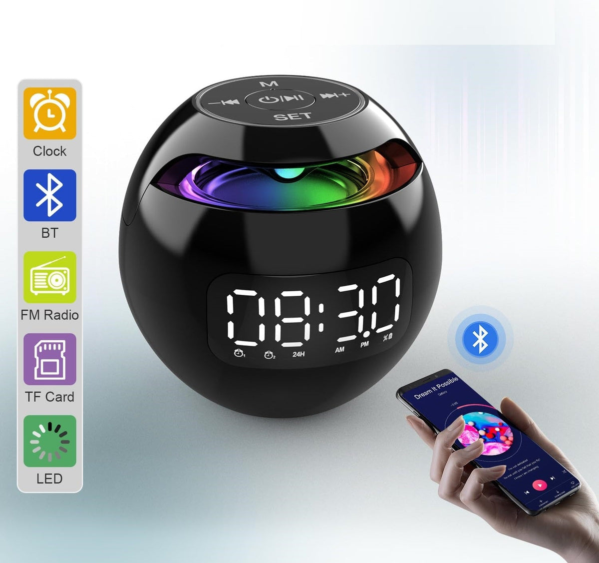 Mini Bluetooth Speaker with LED Alarm Clock – Mini Wireless Sound Box, Deep Bass, and Hi-Fi Music Player with TF Card Support