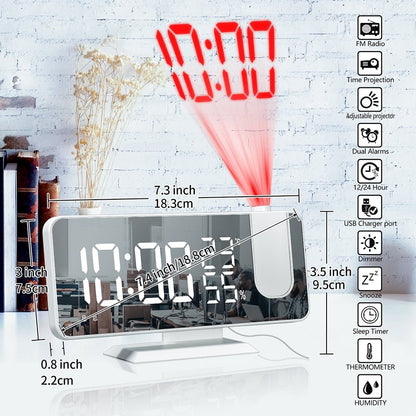 Mirror Projection Alarm Clock - FM Radio LED Digital Smart Alarm Clock with 180° Time Projection Snooze
