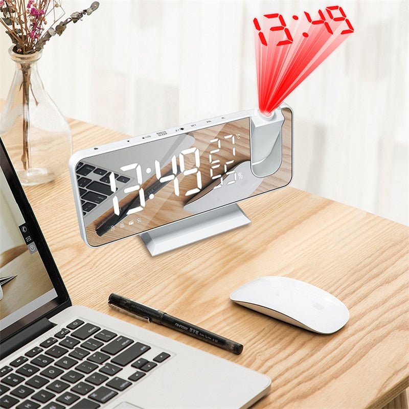 Mirror Projection Alarm Clock - FM Radio LED Digital Smart Alarm Clock with 180° Time Projection Snooze