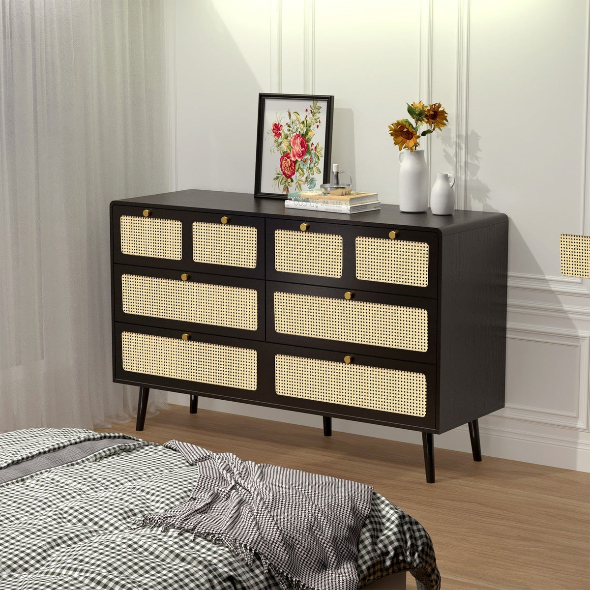Modern Rattan Dressing Table with 6 Wide Width Drawers and Metal Handles, Wooden Drawer Storage Box