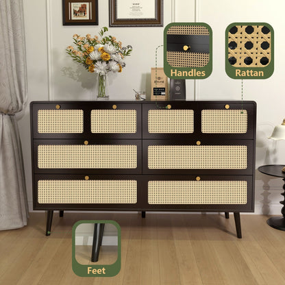 Modern Rattan Dressing Table with 6 Wide Width Drawers and Metal Handles, Wooden Drawer Storage Box
