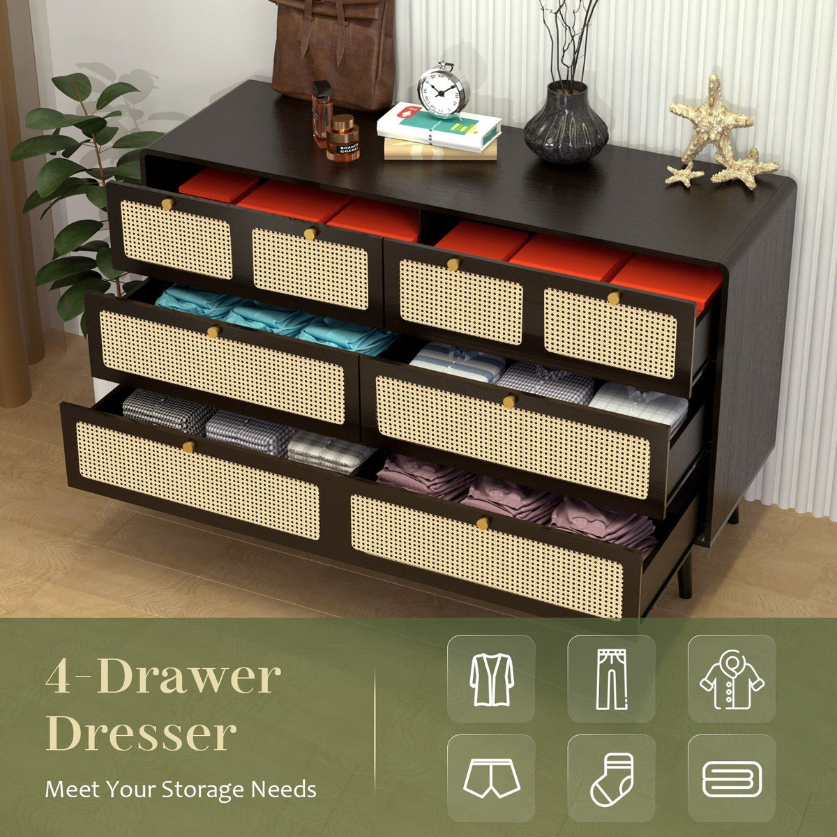 Modern Rattan Dressing Table with 6 Wide Width Drawers and Metal Handles, Wooden Drawer Storage Box