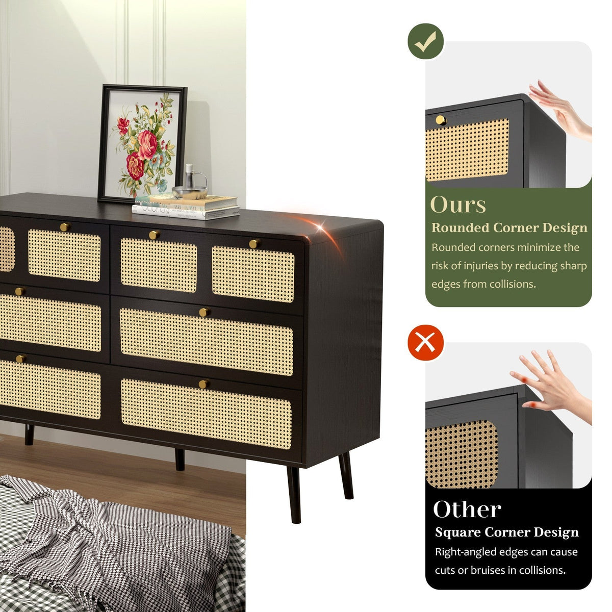 Modern Rattan Dressing Table with 6 Wide Width Drawers and Metal Handles, Wooden Drawer Storage Box