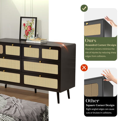 Modern Rattan Dressing Table with 6 Wide Width Drawers and Metal Handles, Wooden Drawer Storage Box