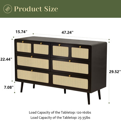 Modern Rattan Dressing Table with 6 Wide Width Drawers and Metal Handles, Wooden Drawer Storage Box
