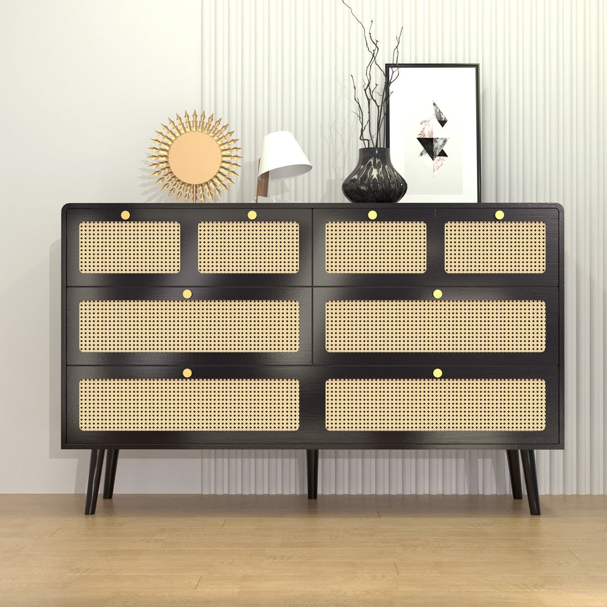 Modern Rattan Dressing Table with 6 Wide Width Drawers and Metal Handles, Wooden Drawer Storage Box