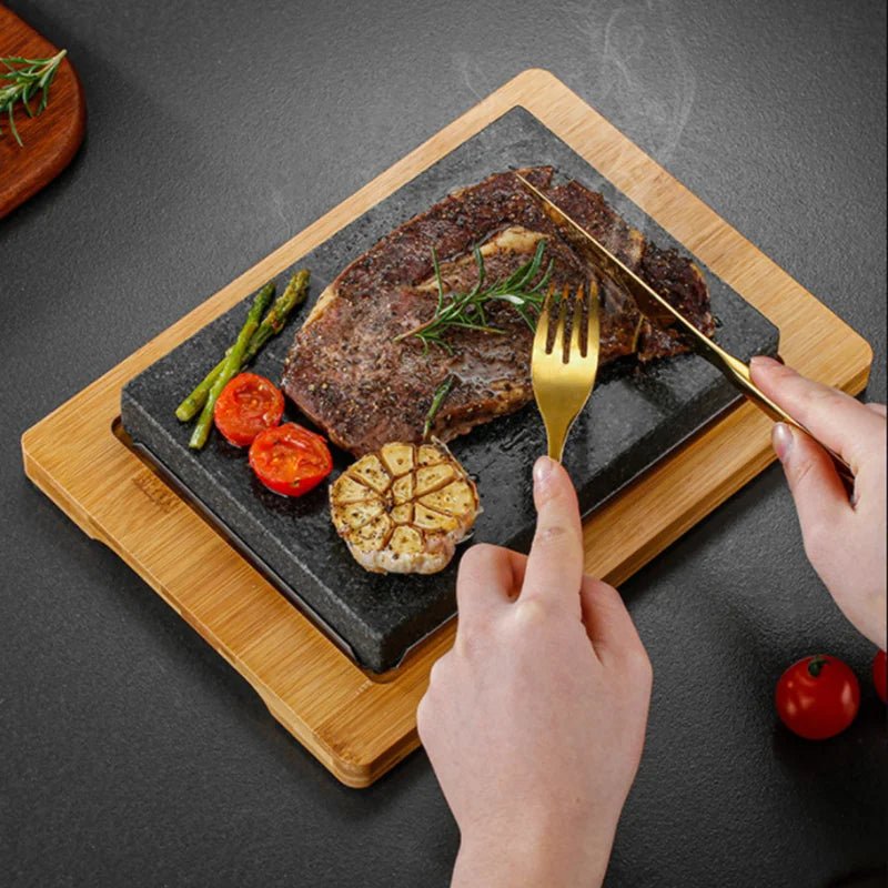 Modern Sizzling Lava Stone Steak Set – Premium Hot Rock Grill with Elegant Wood Tray for Perfect Indoor Steak Nights