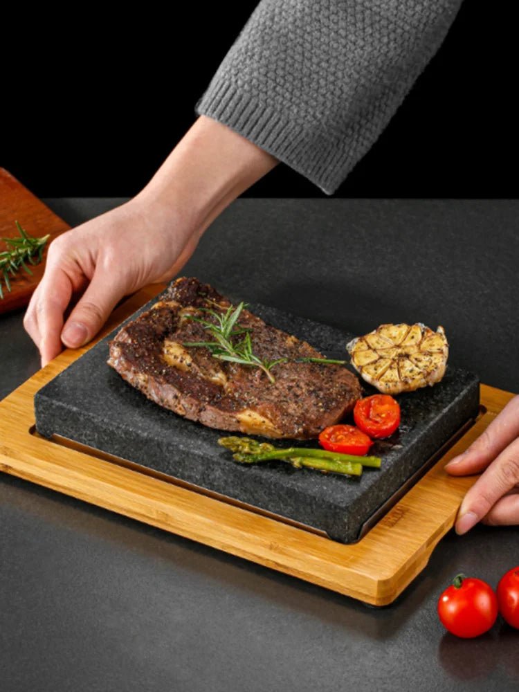 Modern Sizzling Lava Stone Steak Set – Premium Hot Rock Grill with Elegant Wood Tray for Perfect Indoor Steak Nights