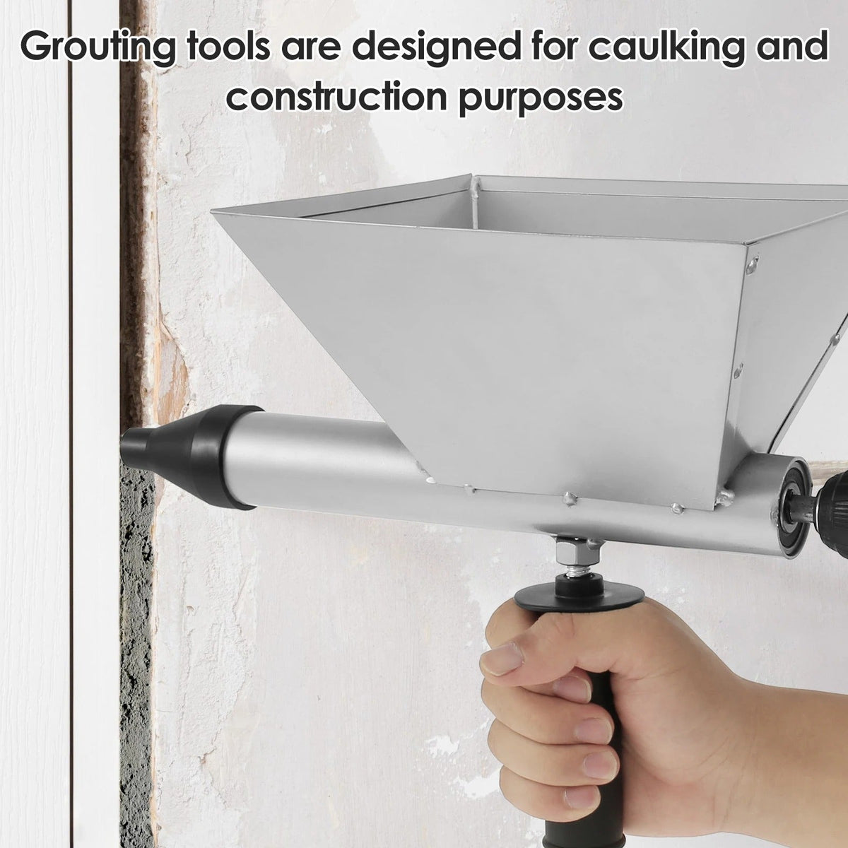 Mortar Grout Gun for Electric Drill – Caulking Gun Applicator with Steel Hopper & 4 Nozzles