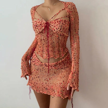 Women Knitted Sequin Crop Top & Midi Skirt Set – Summer Beach Matching 2 Piece Outfit for Bold Women’s Style