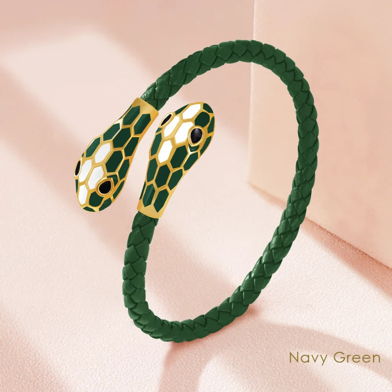 Double Snake Head Leather Bracelet – Classic Moonlight Braided Jewelry for Women’s Fashion with Genuine Leather & Gift Appeal