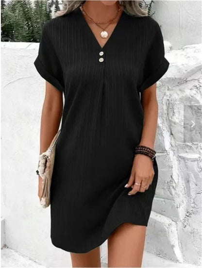 Fashion V-Neck Mini Summer Dress – Short Sleeves, Solid Color, Button Detail for Casual Elegance and Fresh Style