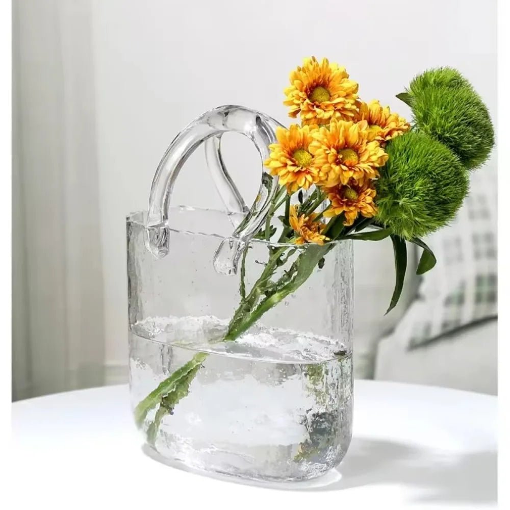 Nordic-Inspired Designer Glass Vase Handbag – Chic Hydroponic Flower Basket for Stylish Home Décor and Fish Farming